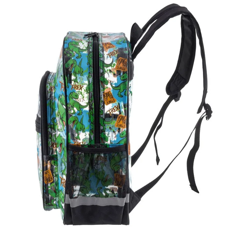 16 Inch Clear PVC School Backpack with Green Dinosaur Pattern and Black Trim
