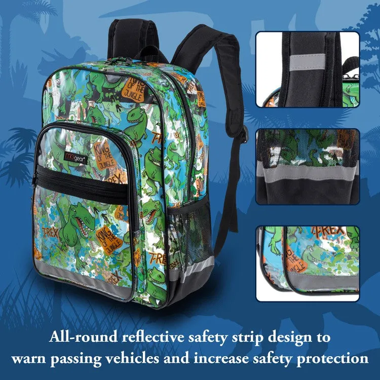 16 Inch Clear PVC School Backpack with Green Dinosaur Pattern and Black Trim