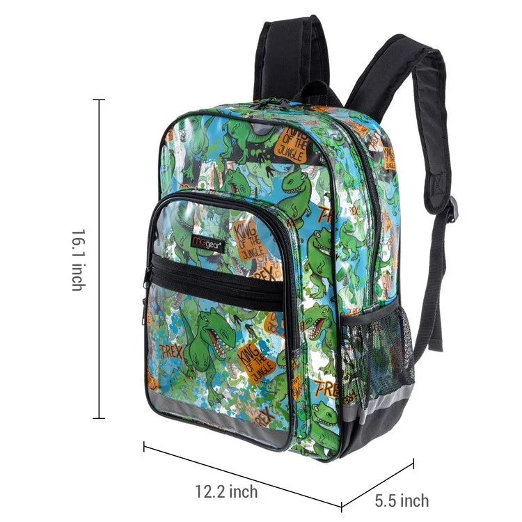 16 Inch Clear PVC School Backpack with Green Dinosaur Pattern and Black Trim