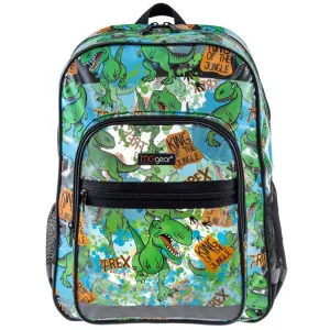 16 Inch Clear PVC School Backpack with Green Dinosaur Pattern and Black Trim
