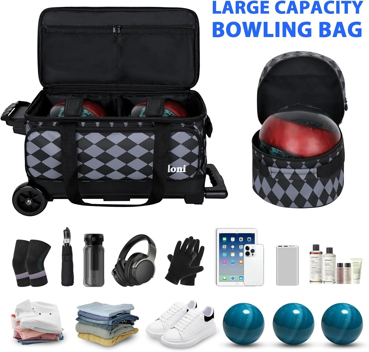 2 Ball Bowling Bag with Wheels   1 Ball Color Matching Add On Tote,Rolling 3 Ball Bowling Bag with Shoe Compartment