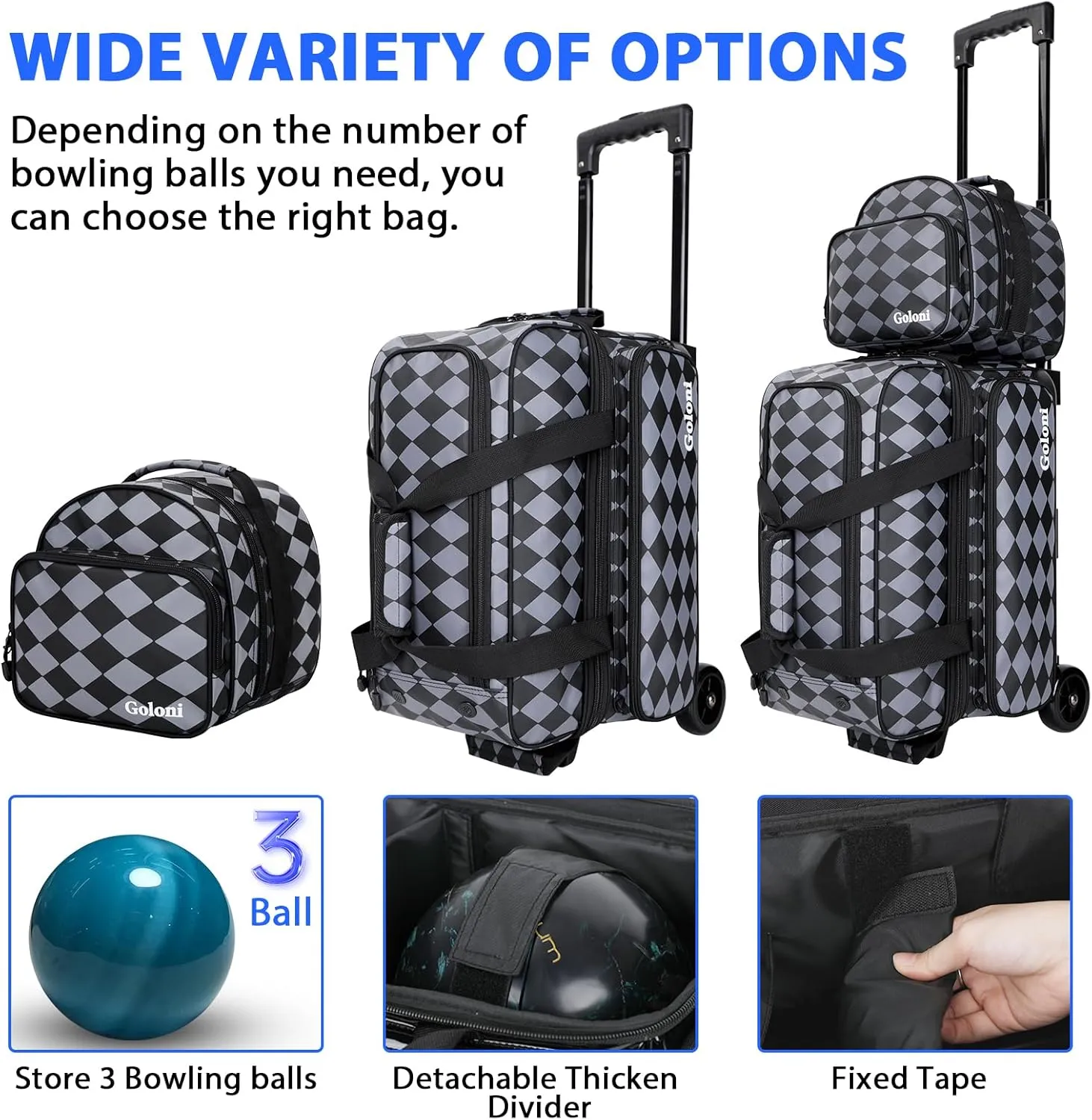 2 Ball Bowling Bag with Wheels   1 Ball Color Matching Add On Tote,Rolling 3 Ball Bowling Bag with Shoe Compartment