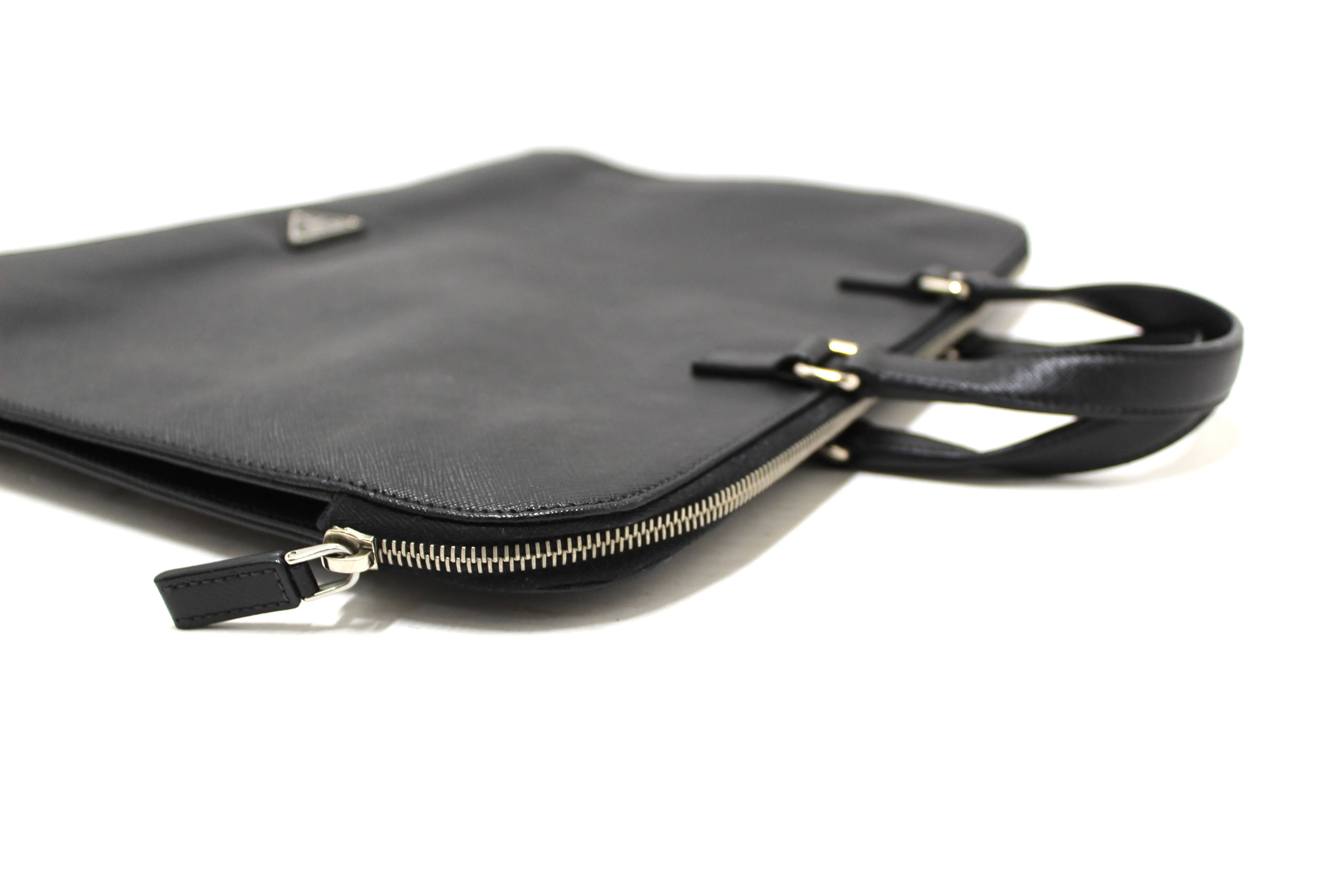 Authentic Prada Black Saffiano Leather Front Zip Pocket Briefcase Work Bag