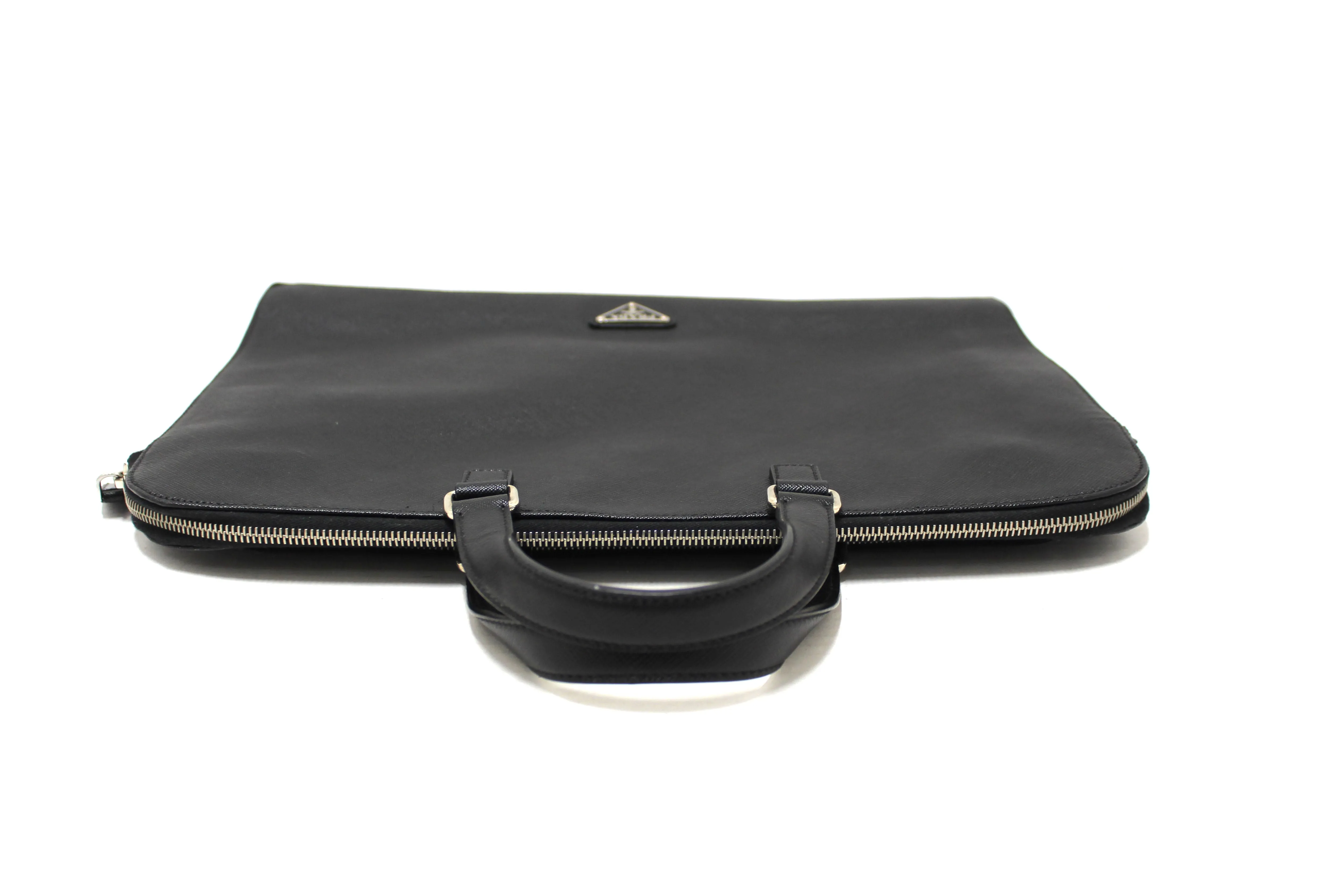 Authentic Prada Black Saffiano Leather Front Zip Pocket Briefcase Work Bag