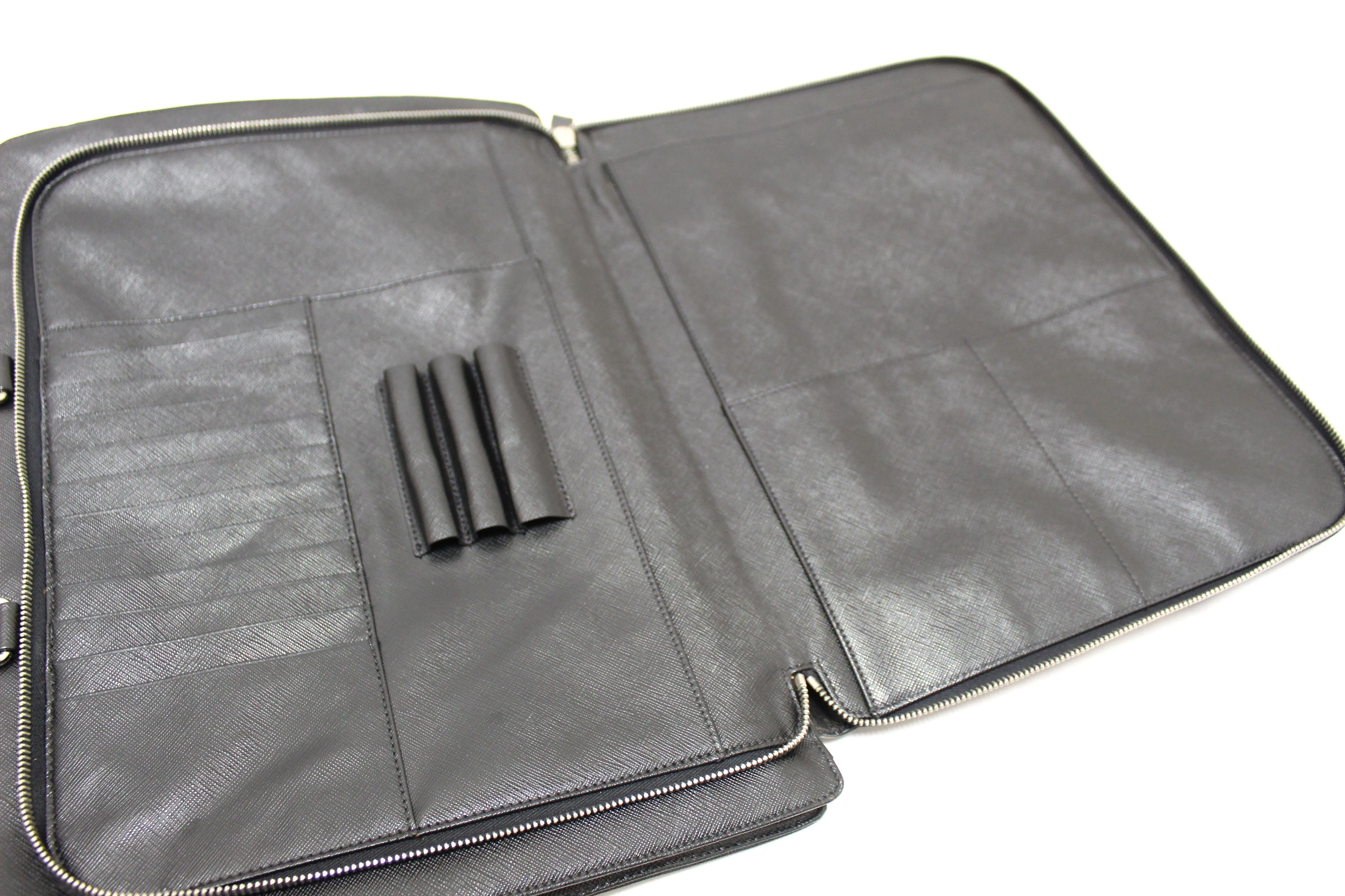 Authentic Prada Black Saffiano Leather Front Zip Pocket Briefcase Work Bag