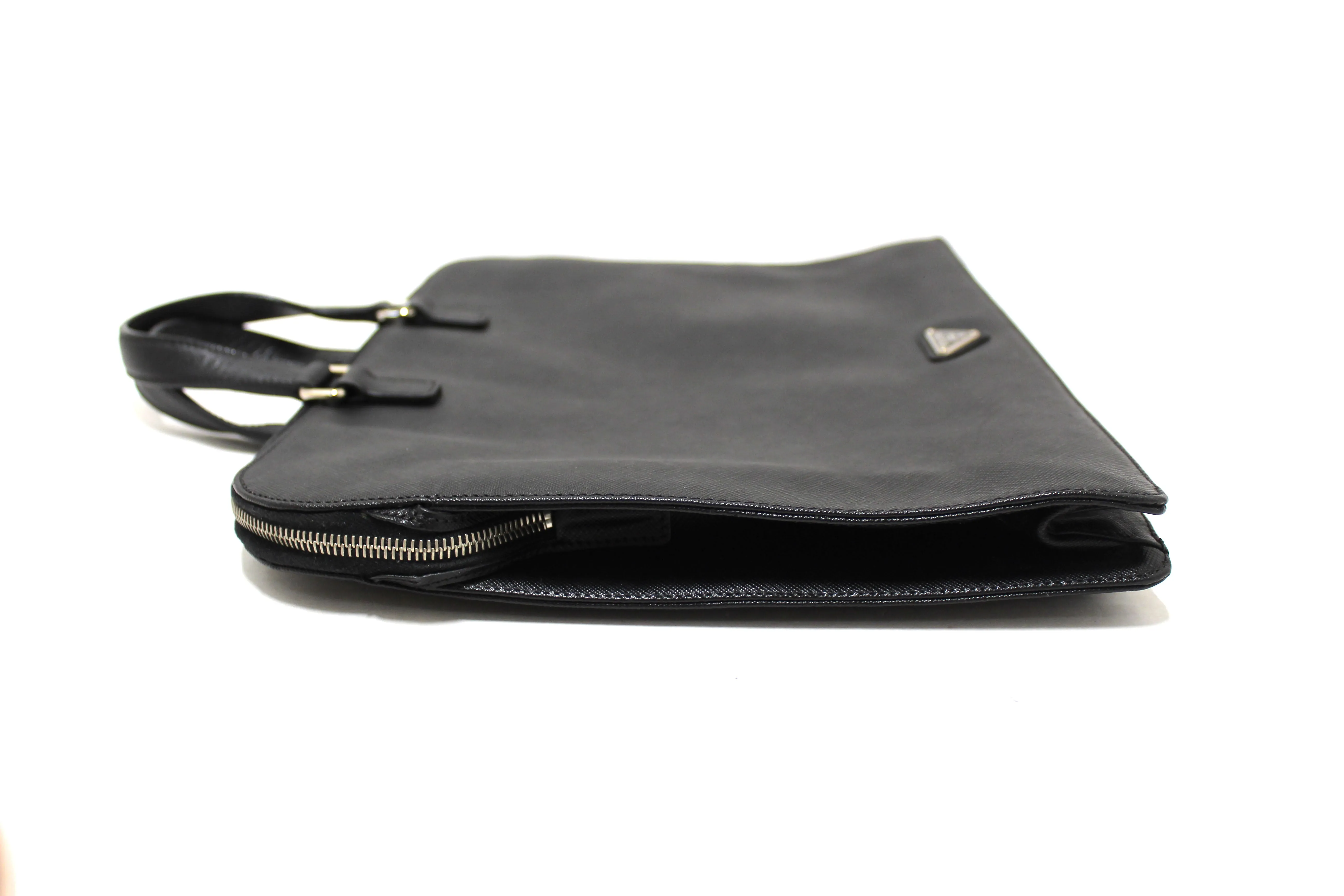 Authentic Prada Black Saffiano Leather Front Zip Pocket Briefcase Work Bag