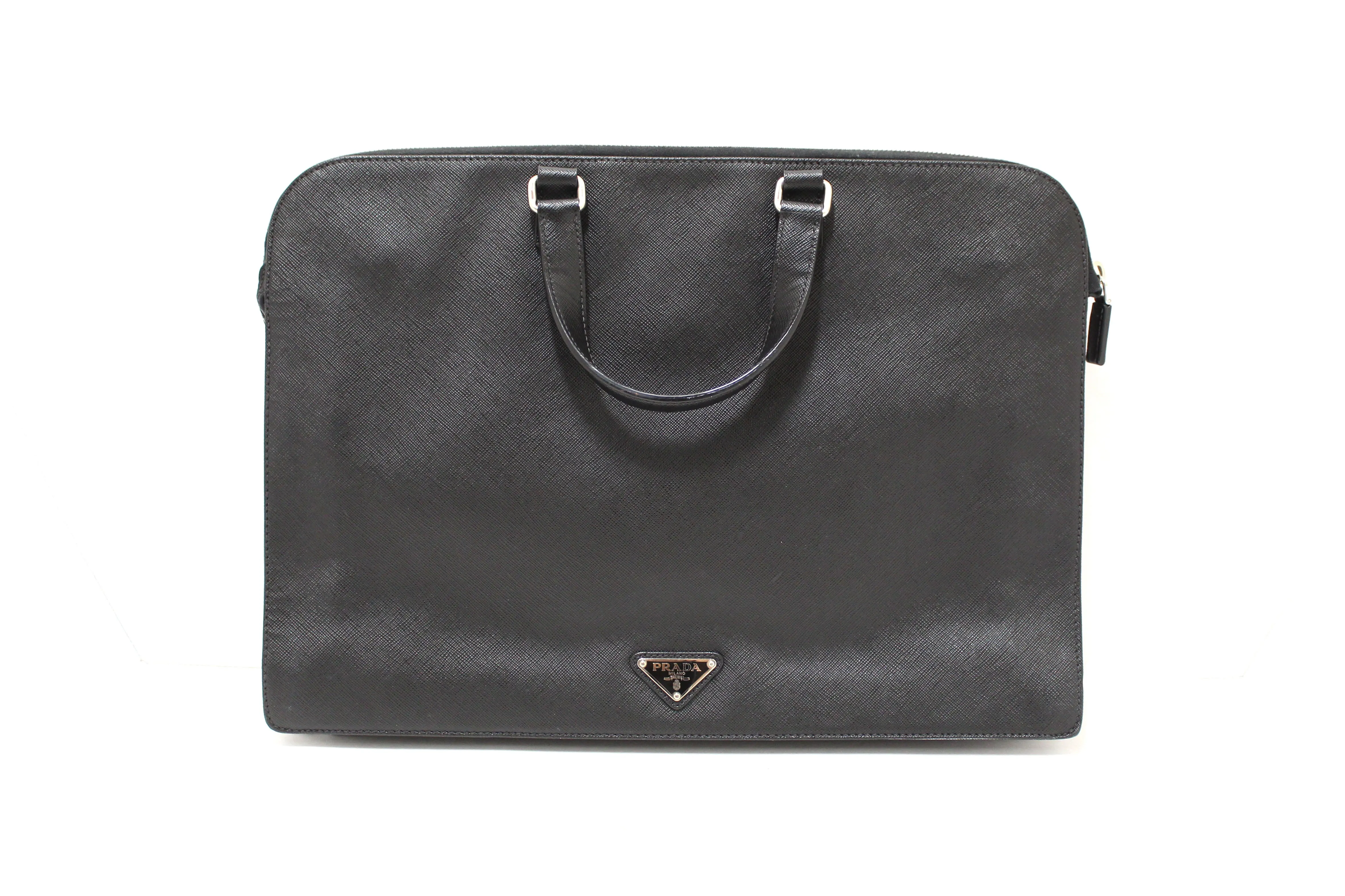Authentic Prada Black Saffiano Leather Front Zip Pocket Briefcase Work Bag