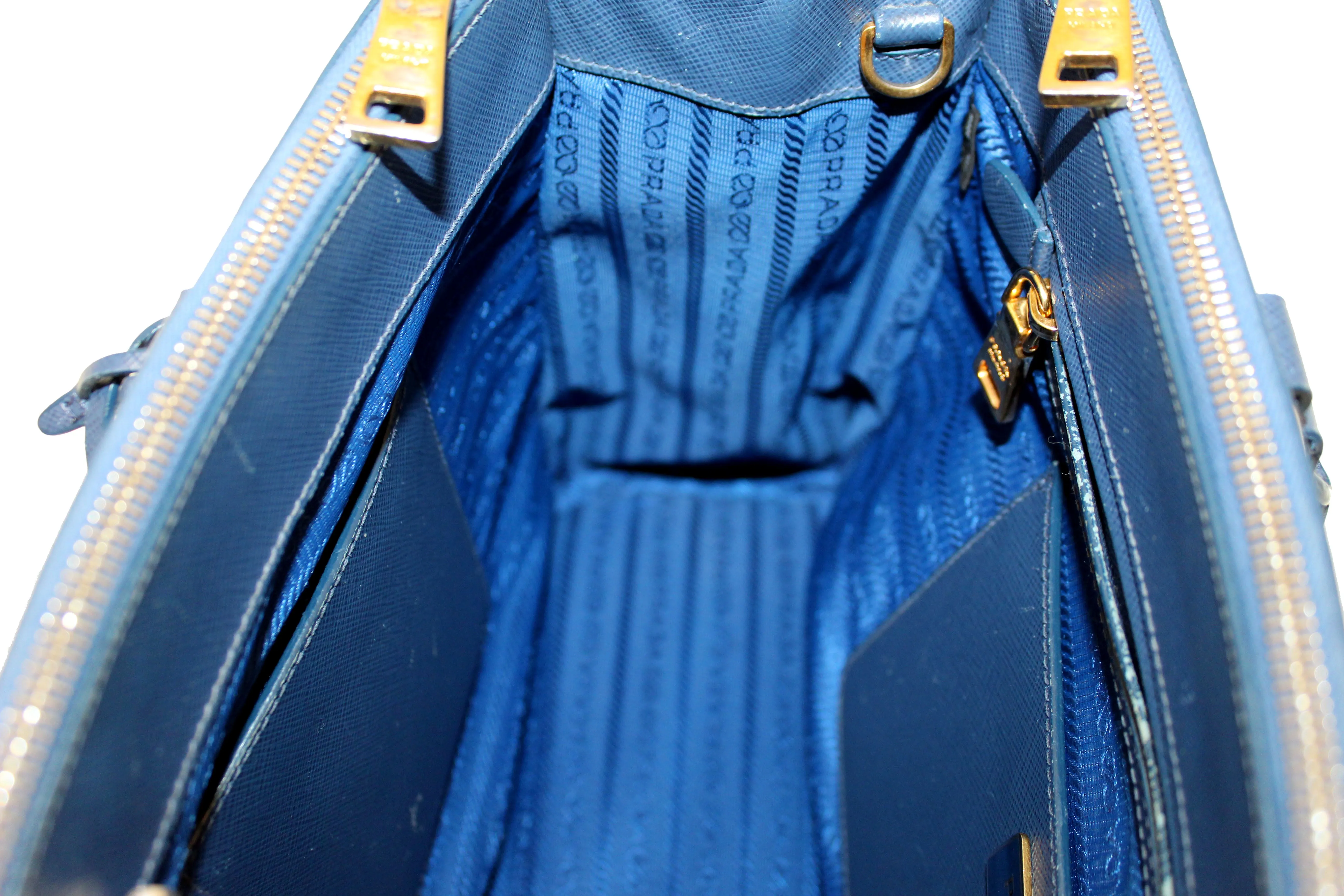 Authentic Prada Blue Saffiano Lux Leather Galleria Large Tote Bag