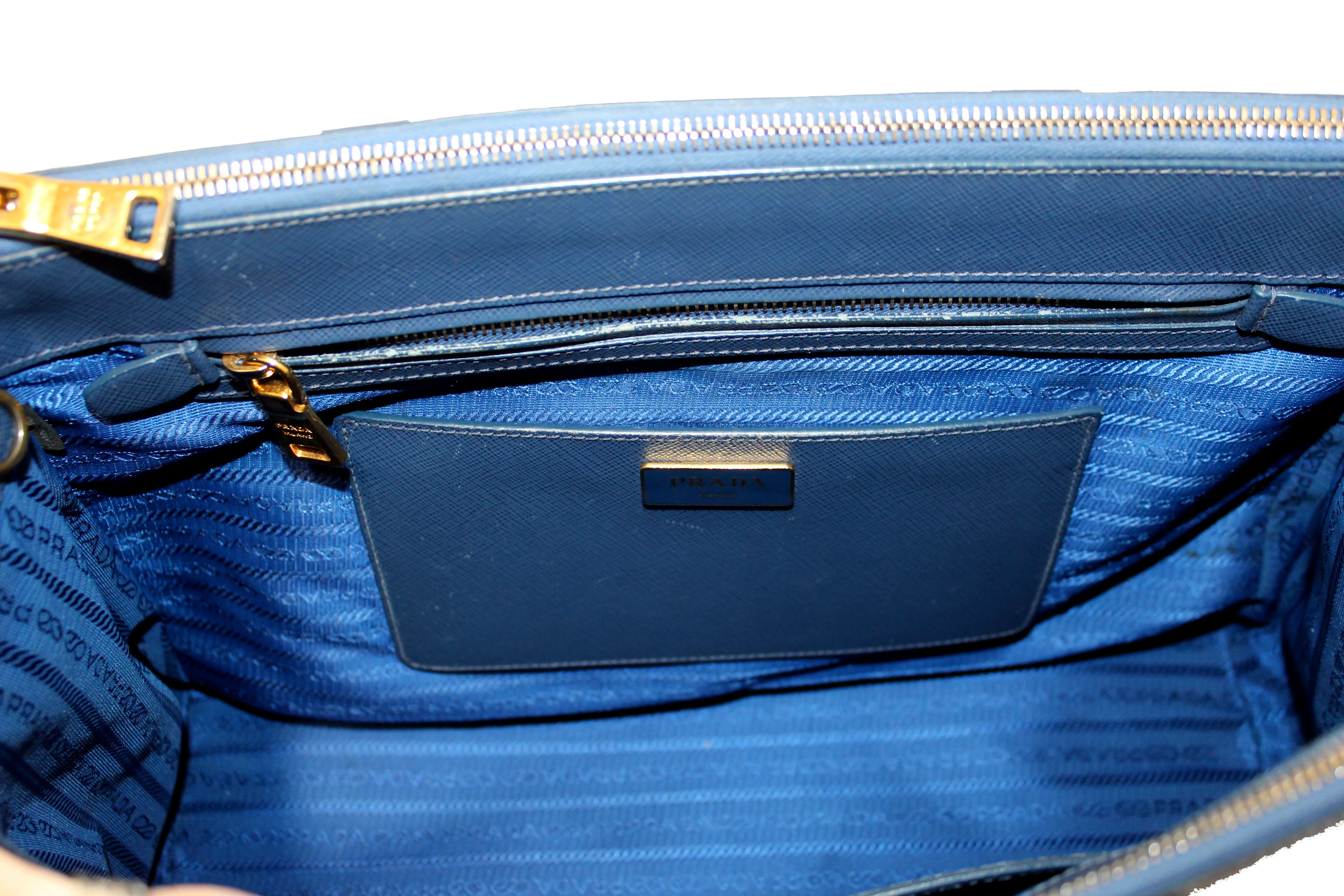 Authentic Prada Blue Saffiano Lux Leather Galleria Large Tote Bag