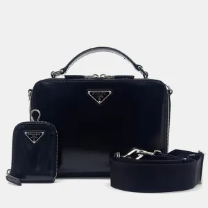 Black Leather Spazzolato Travel Crossbody Bag