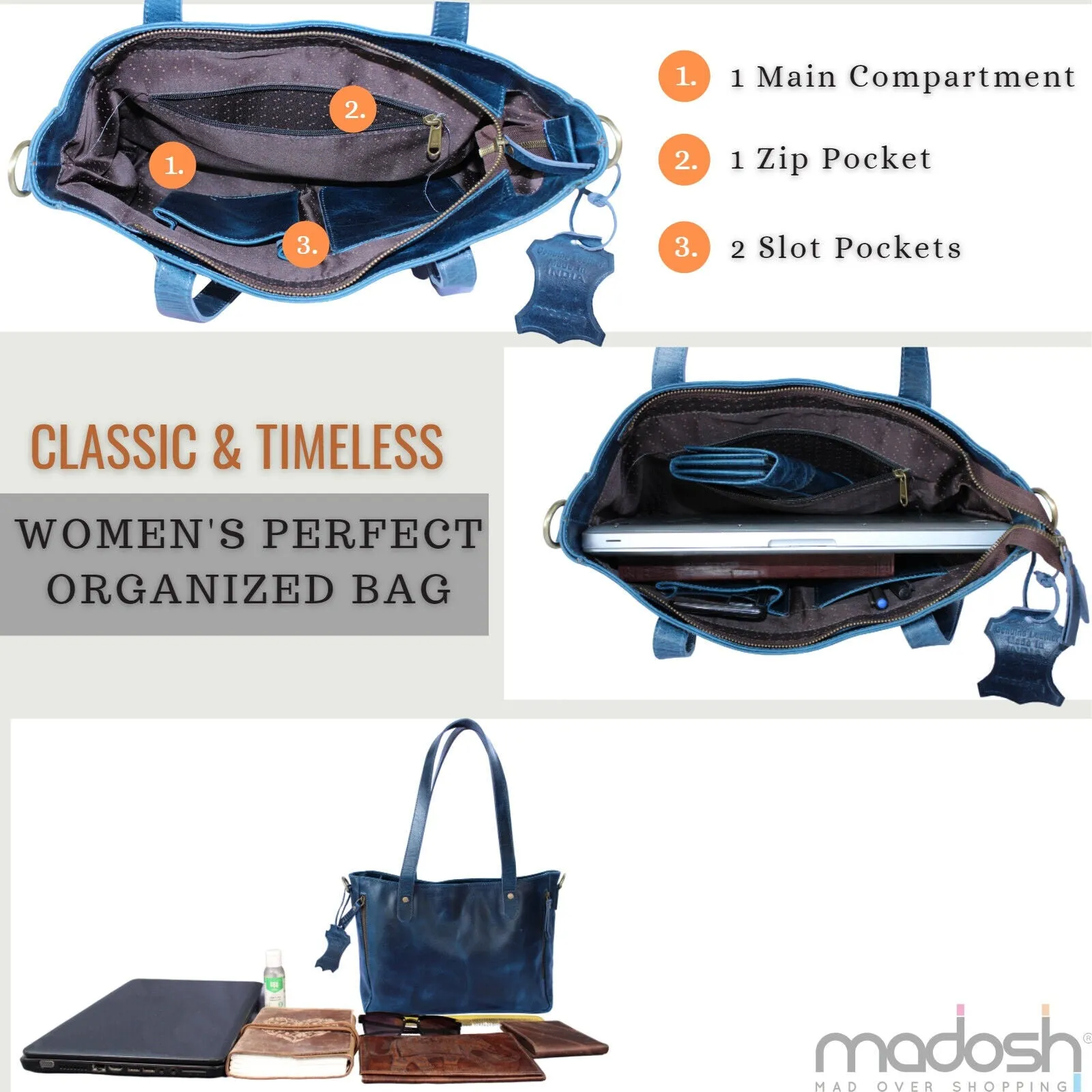 Blue Leather Tote Handbag