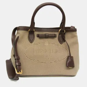 Brown/Beige  Canvas and Leather Logo Convertible Tote Bag