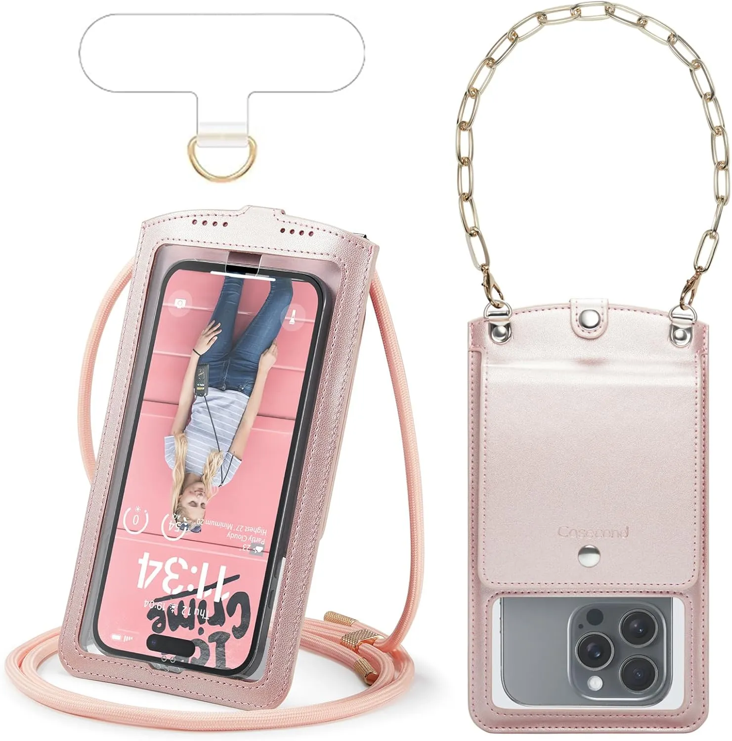 Cell Phone Purse Small Crossbody Phone Bag for Women Leather Mini Shoulder Wallet with Strap Lanyard Camera Window Card Slots Wrist Chain for All Smartphones iPhone 16 Pro Samsung up to 7.5" Rose Gold