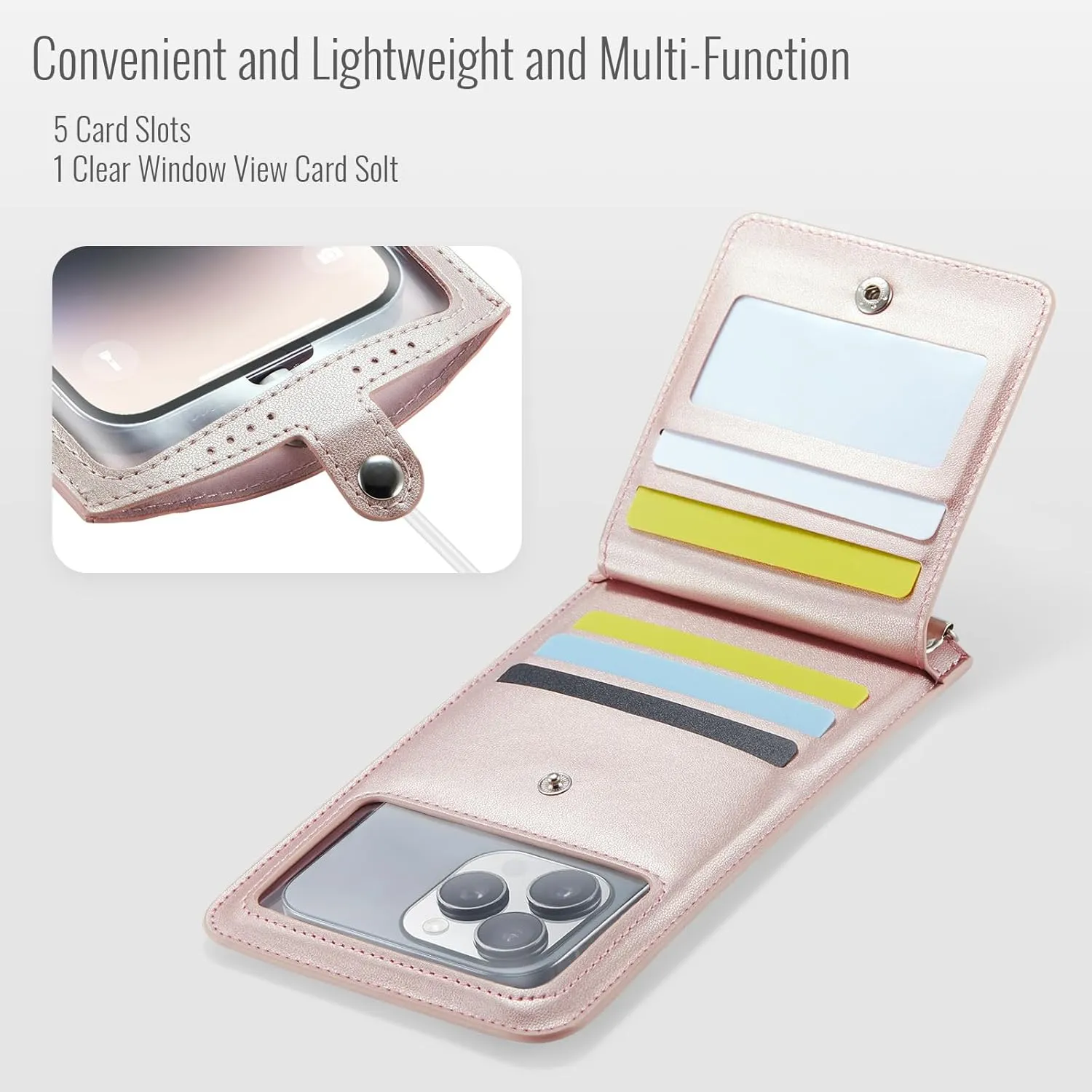 Cell Phone Purse Small Crossbody Phone Bag for Women Leather Mini Shoulder Wallet with Strap Lanyard Camera Window Card Slots Wrist Chain for All Smartphones iPhone 16 Pro Samsung up to 7.5" Rose Gold