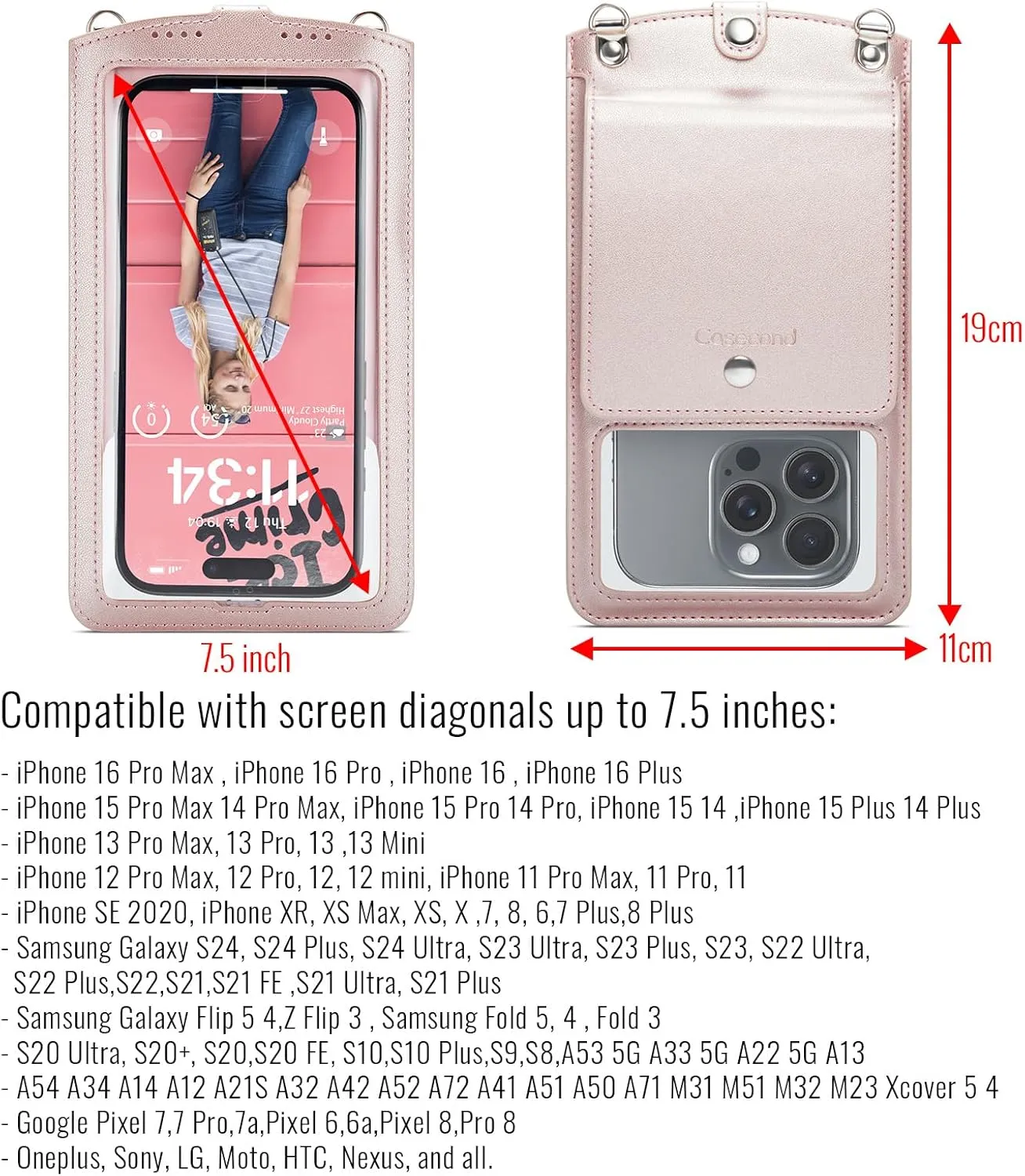 Cell Phone Purse Small Crossbody Phone Bag for Women Leather Mini Shoulder Wallet with Strap Lanyard Camera Window Card Slots Wrist Chain for All Smartphones iPhone 16 Pro Samsung up to 7.5" Rose Gold