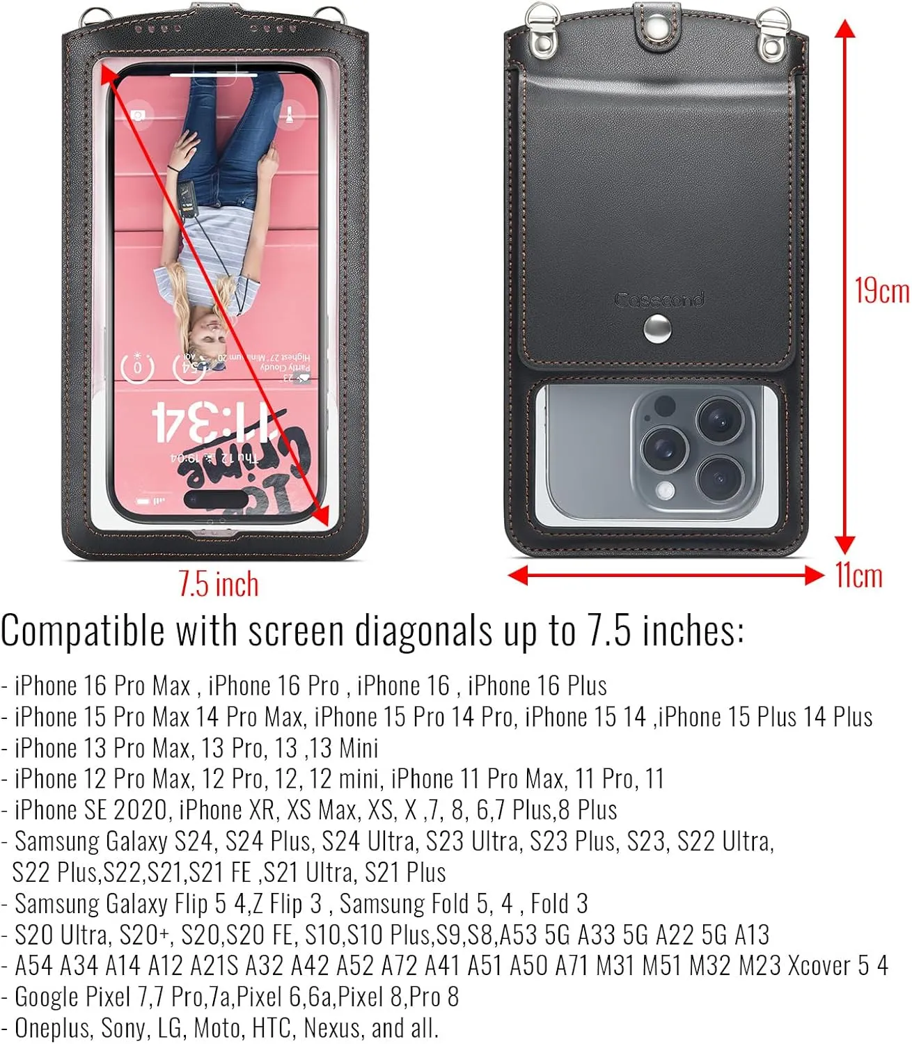 Cell Phone Purse Small Crossbody Phone Bag for Women Men Leather Mini Shoulder Wallet with Strap Lanyard Camera Window Card Slots Wrist Chain for All Smartphones iPhone 16 Pro Samsung up to 7.5" Black
