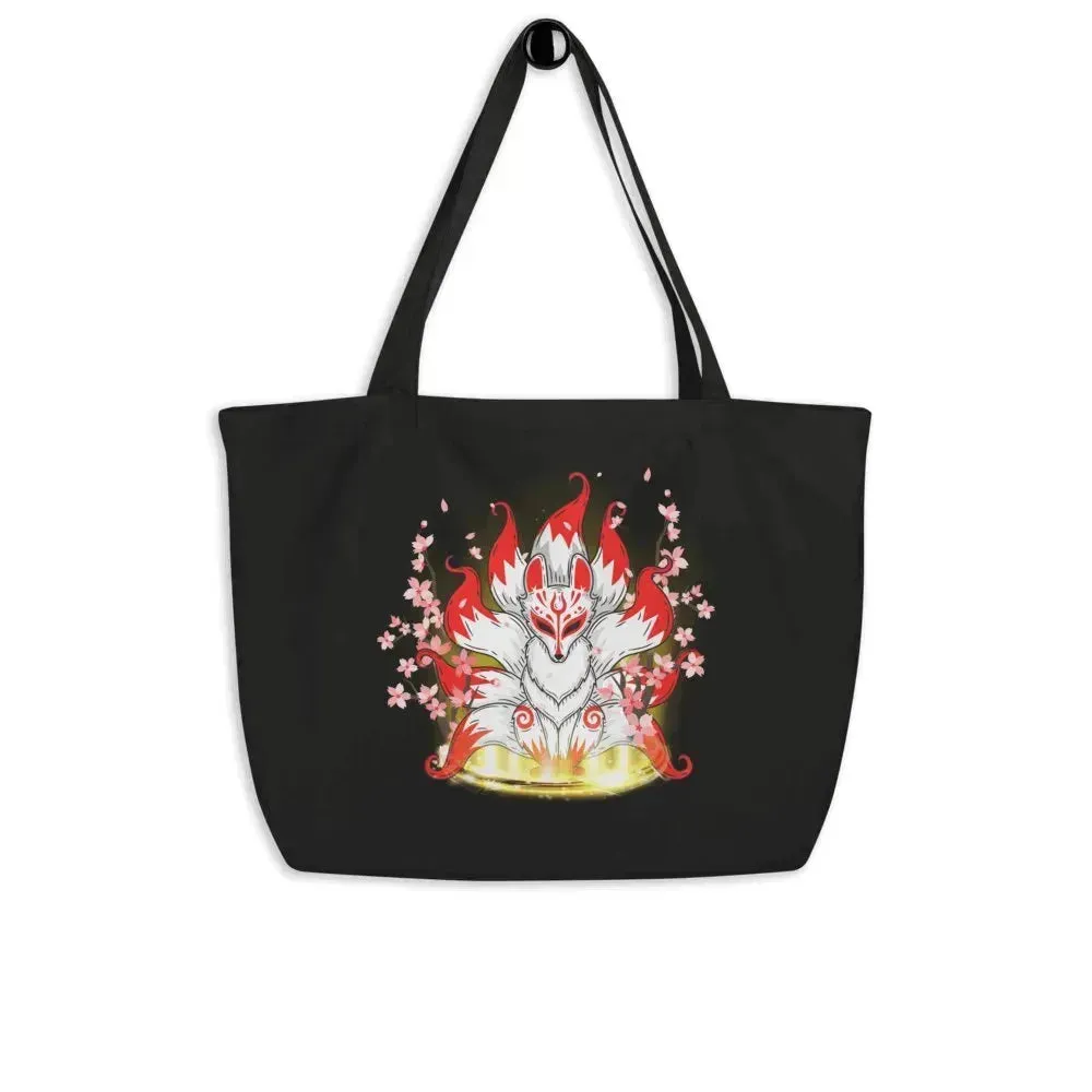 Cherry Blossom Nine Tailed Fox Large Organic Tote Bag