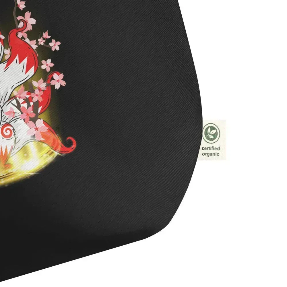 Cherry Blossom Nine Tailed Fox Large Organic Tote Bag