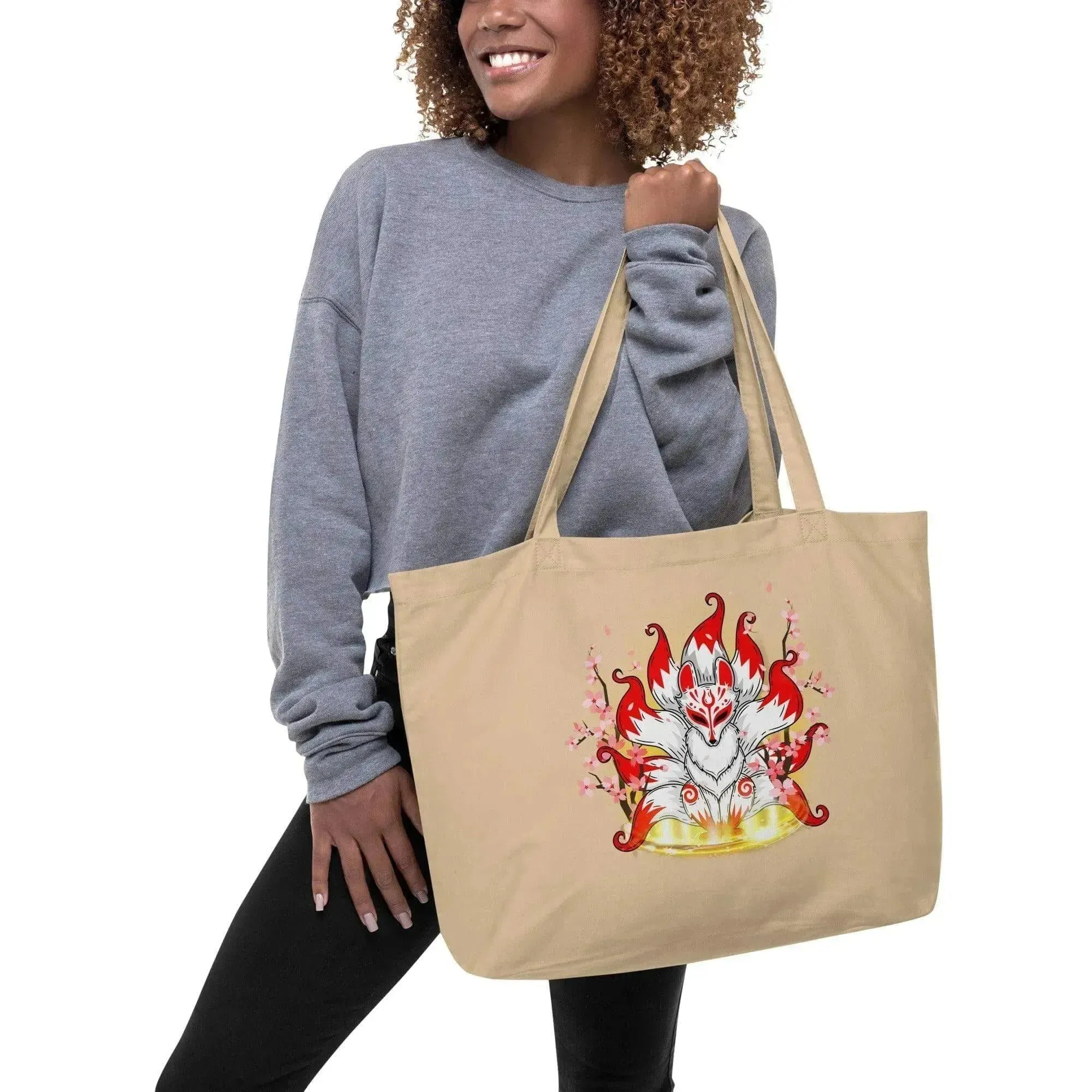 Cherry Blossom Nine Tailed Fox Large Organic Tote Bag