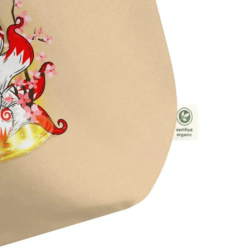 Cherry Blossom Nine Tailed Fox Large Organic Tote Bag