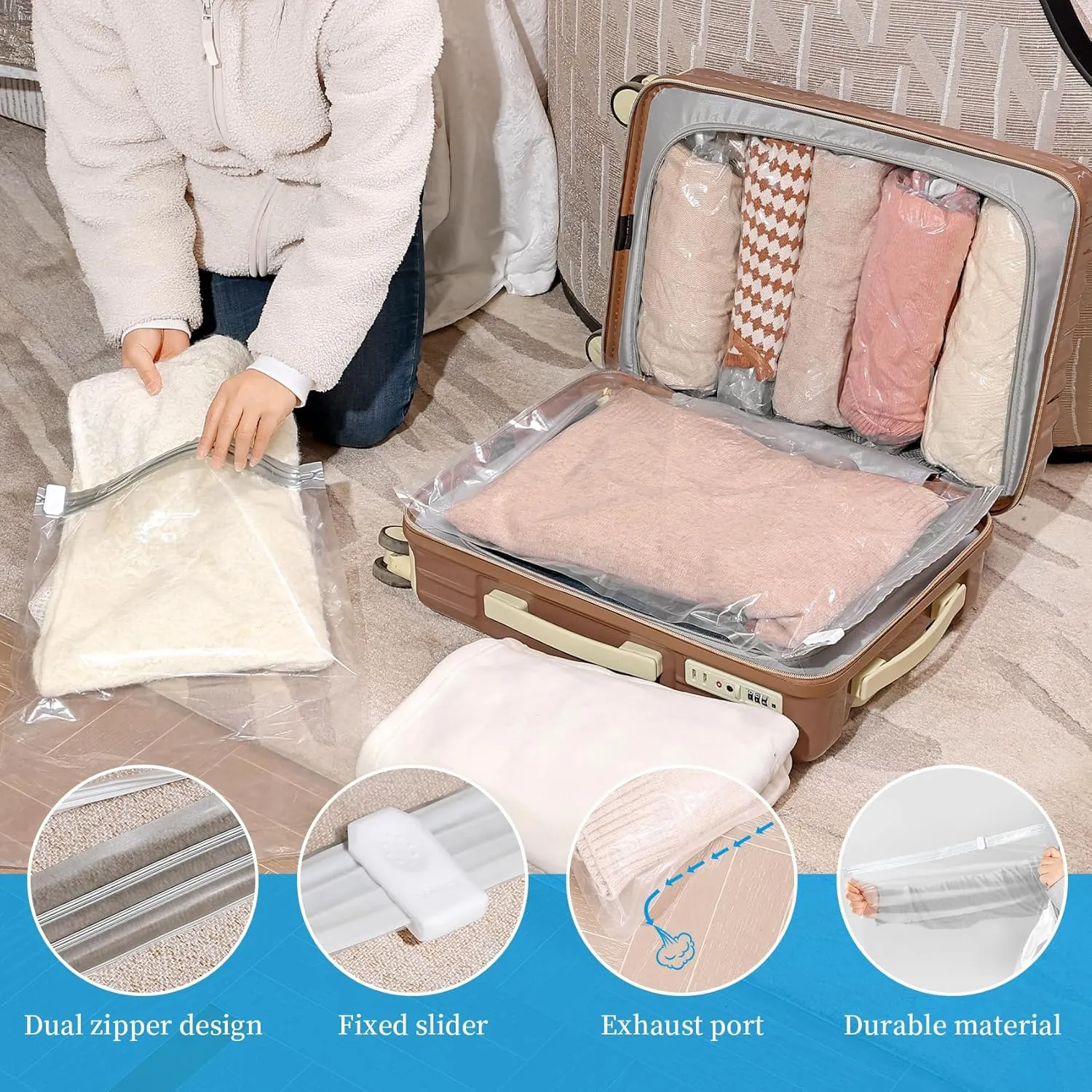 Compression Bags for Travel, 12 Pack Roll Up Compression Bags No Vacuum or Pump Needed, Travel Essentials, Space Saver for Packing and Luggage, Home Organizers Storage