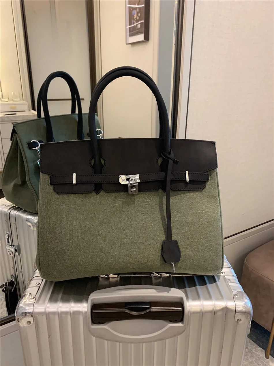Exclusive army green canvas leather fashion men's women's weekender travel bag