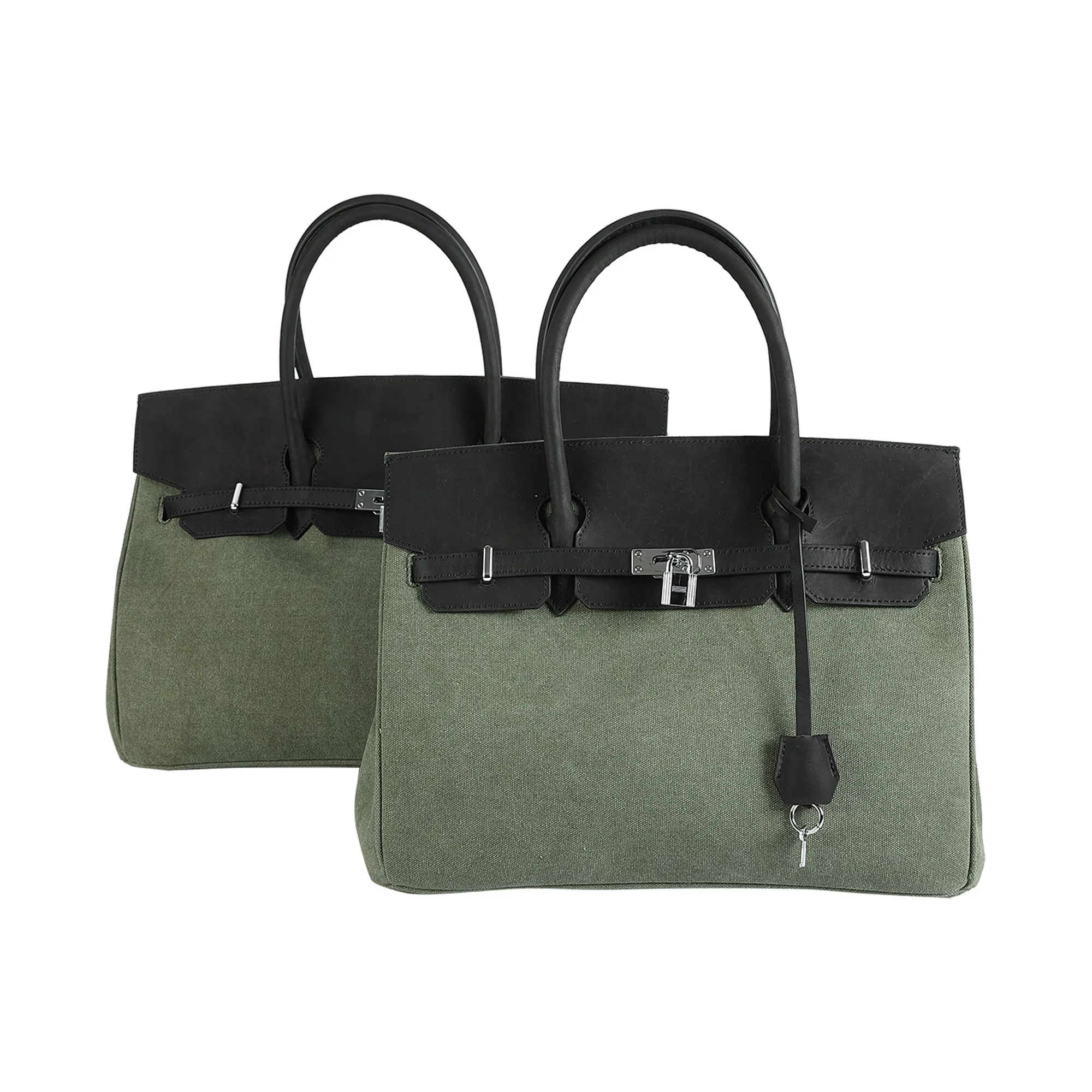 Exclusive army green canvas leather fashion men's women's weekender travel bag