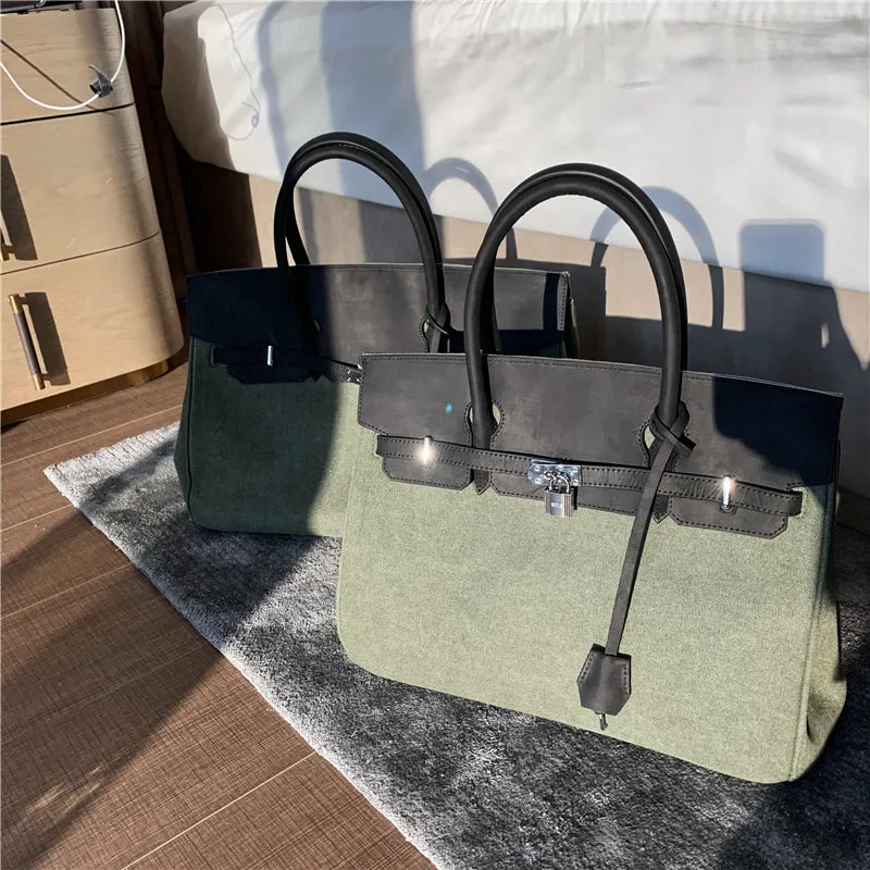 Exclusive army green canvas leather fashion men's women's weekender travel bag