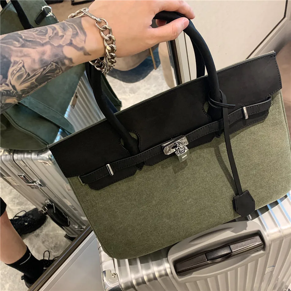 Exclusive army green canvas leather fashion men's women's weekender travel bag