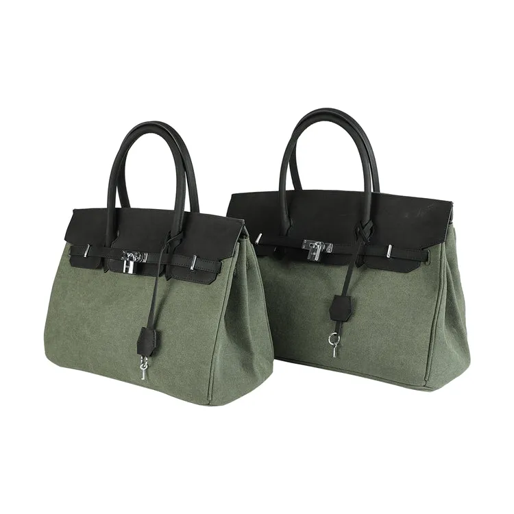 Exclusive army green canvas leather fashion men's women's weekender travel bag