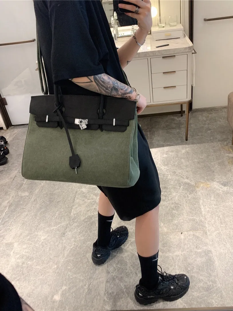 Exclusive army green canvas leather fashion men's women's weekender travel bag