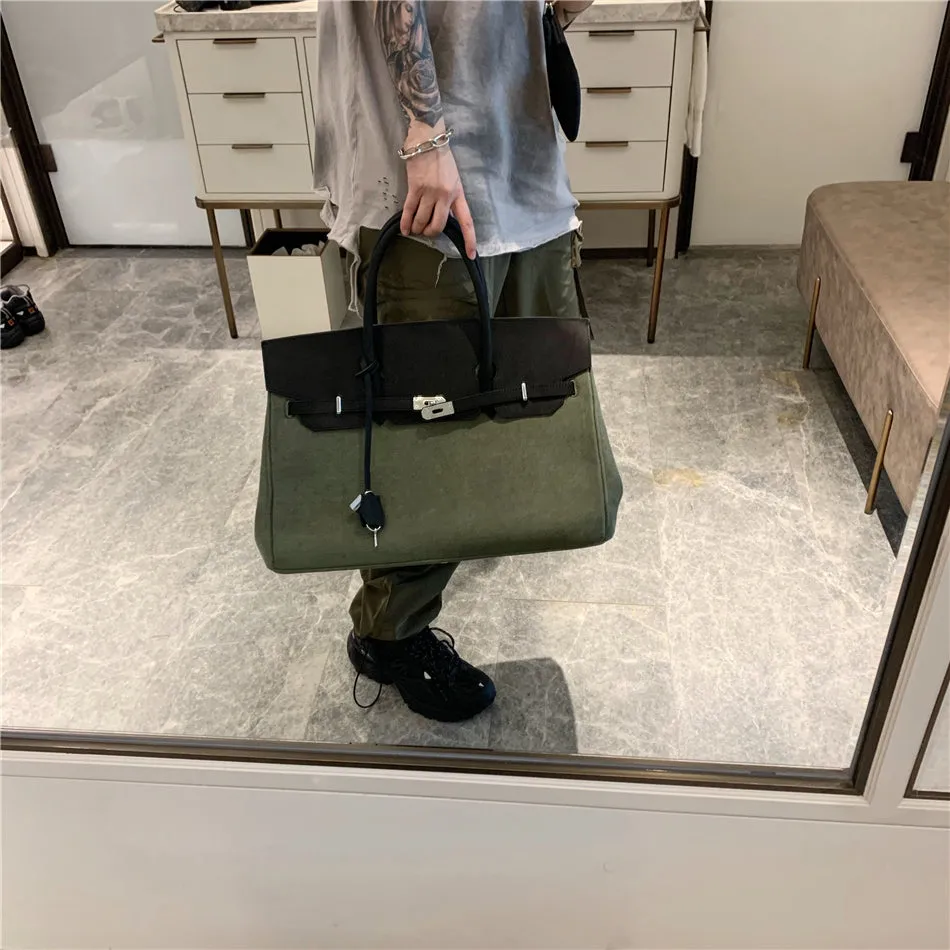 Exclusive army green canvas leather fashion men's women's weekender travel bag
