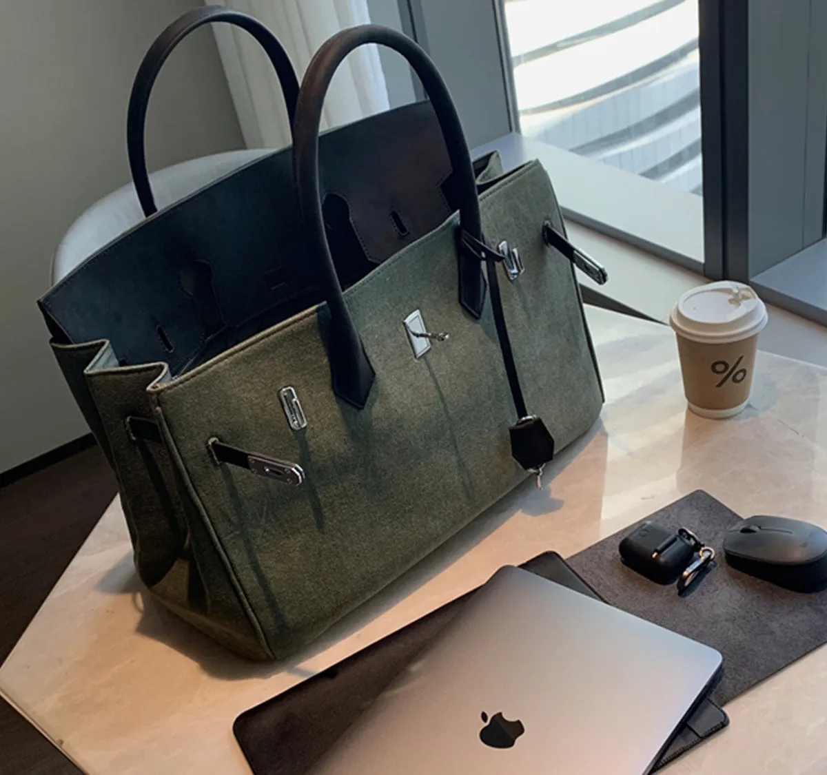 Exclusive army green canvas leather fashion men's women's weekender travel bag