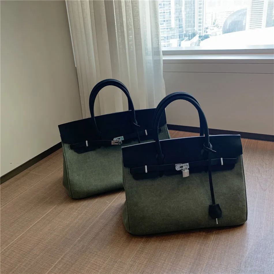 Exclusive army green canvas leather fashion men's women's weekender travel bag