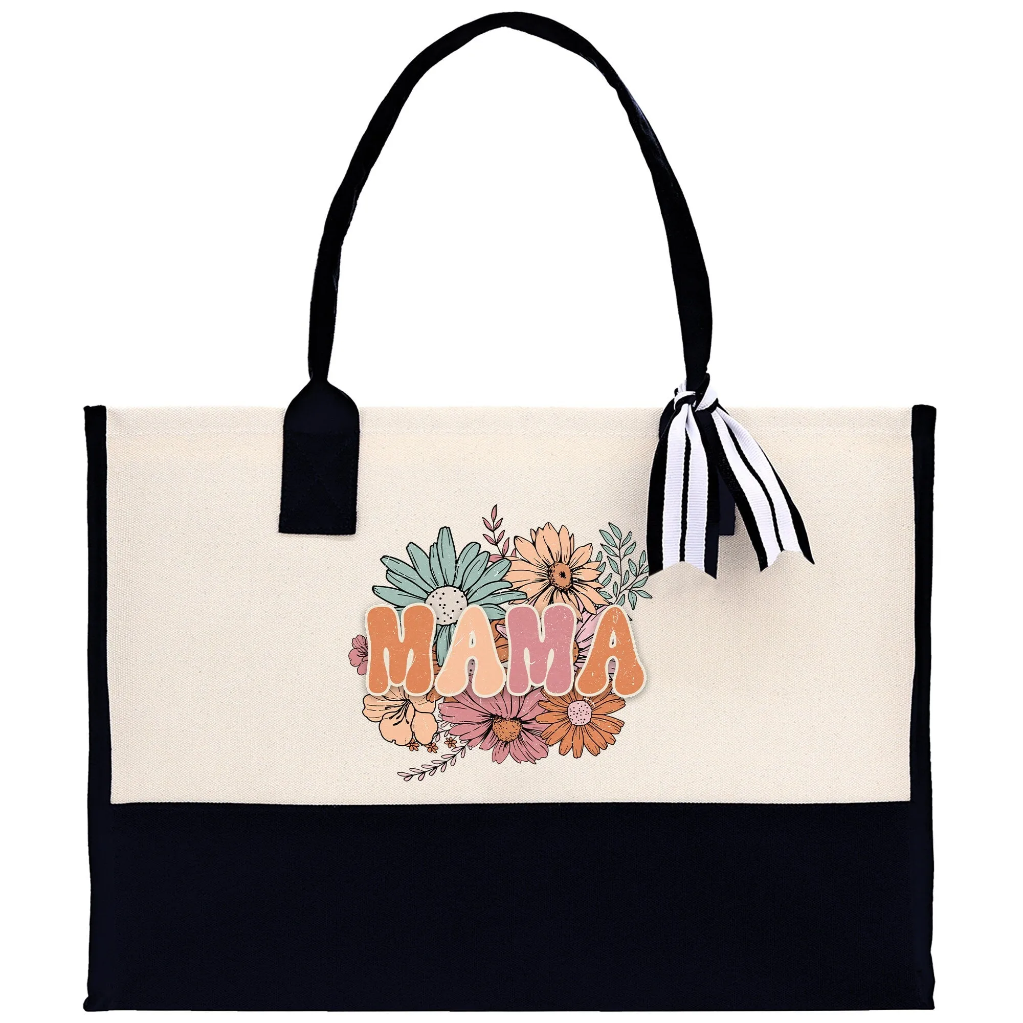 Floral Retro Mama Cotton Canvas Tote Bag Mom Gift Mom Bag Mom Shopping Bag New Mom Gift Best Mom Ever Bag Boy Girl Mama Tote