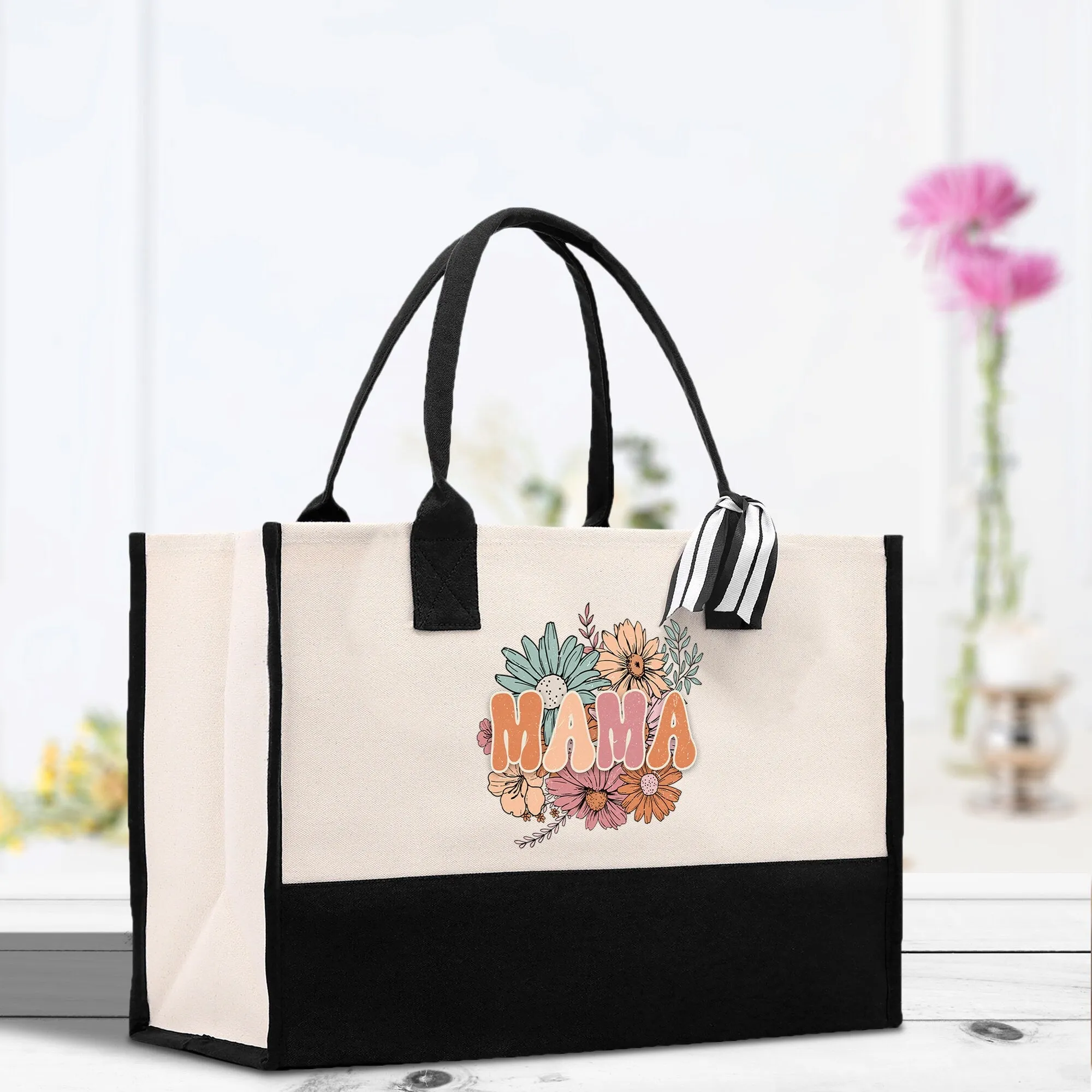 Floral Retro Mama Cotton Canvas Tote Bag Mom Gift Mom Bag Mom Shopping Bag New Mom Gift Best Mom Ever Bag Boy Girl Mama Tote