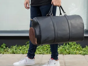 Genuine Black Leather Travel Bag With Shoe Compartment