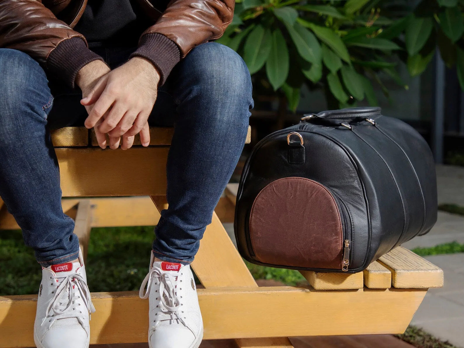 Genuine Black Leather Travel Bag With Shoe Compartment