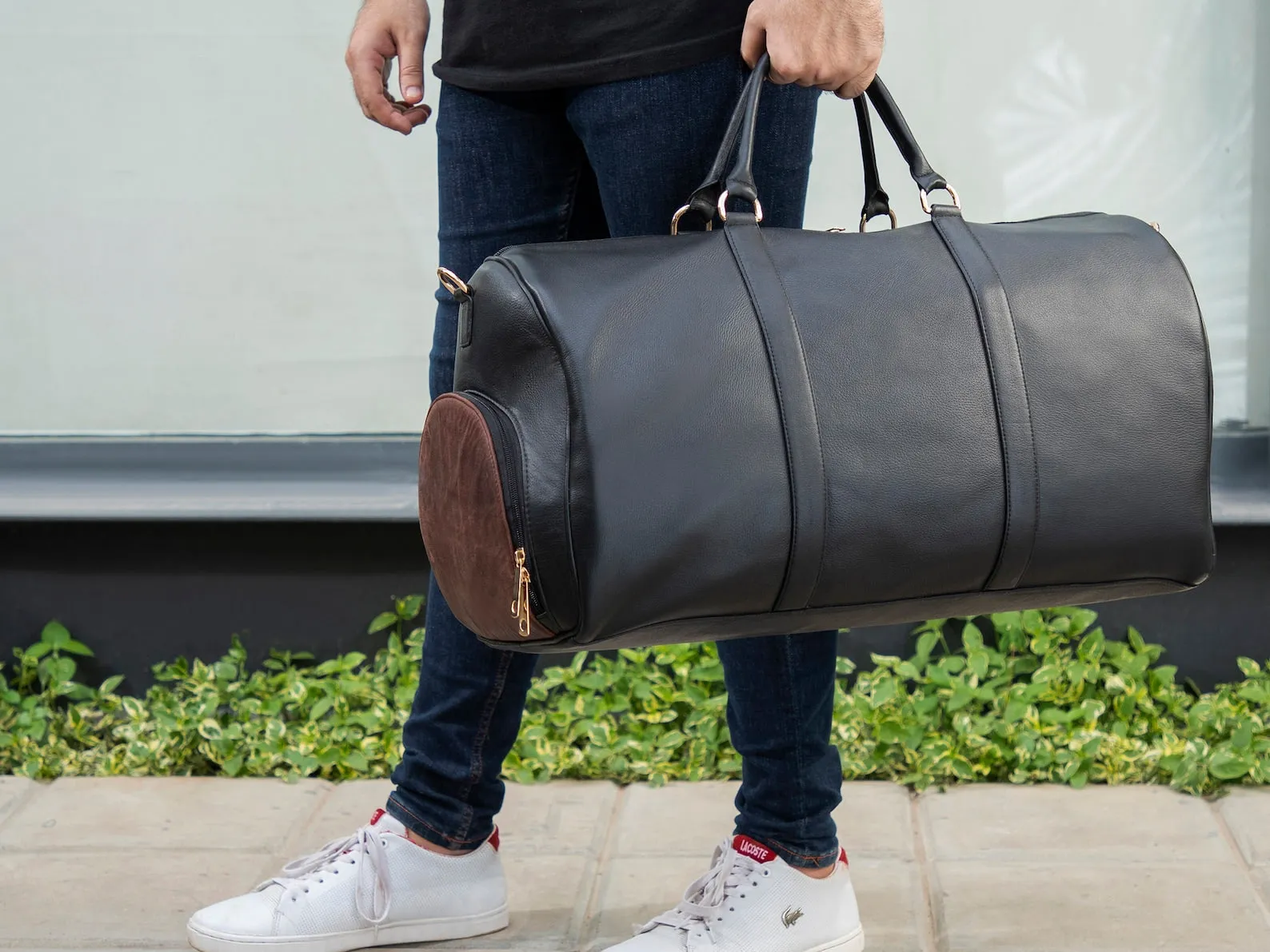 Genuine Black Leather Travel Bag With Shoe Compartment