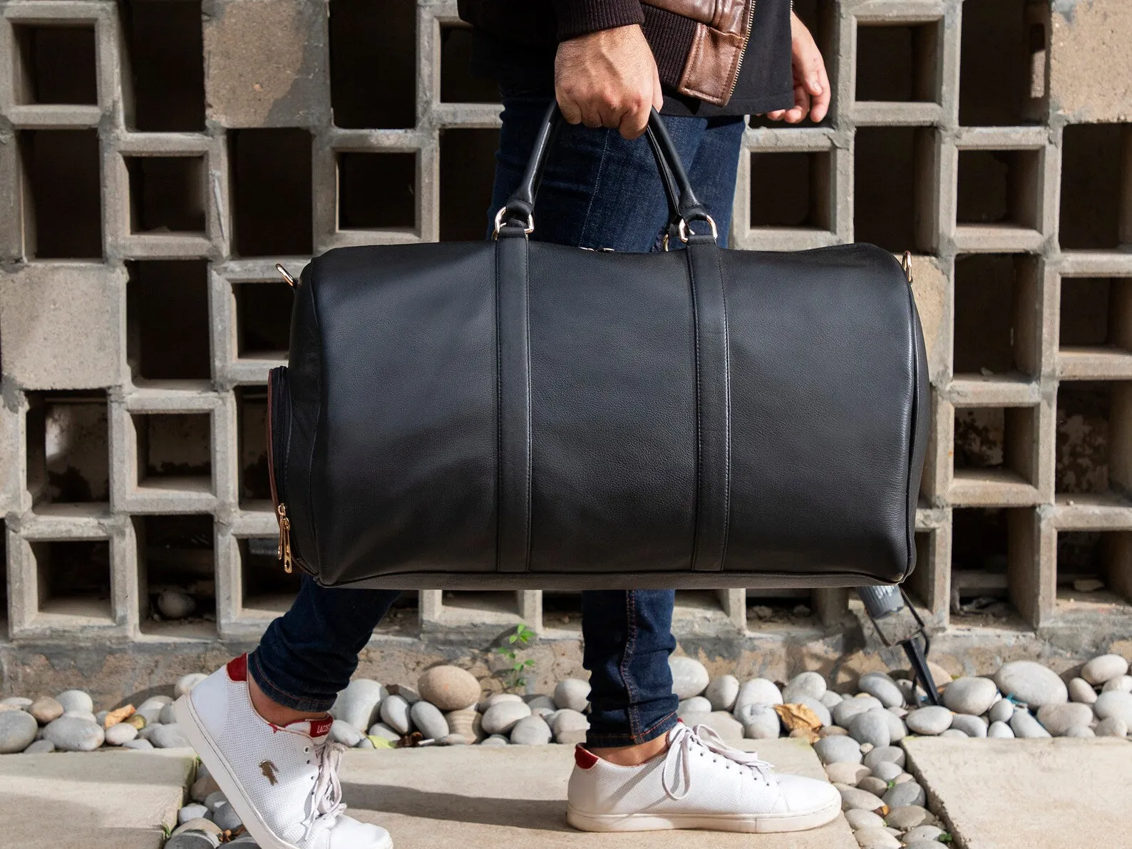 Genuine Black Leather Travel Bag With Shoe Compartment