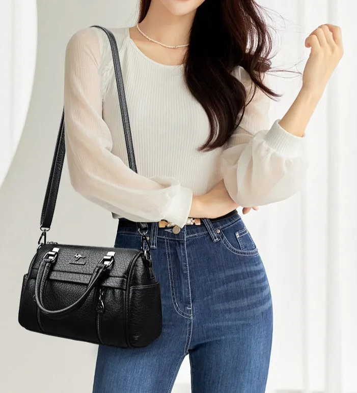 Genuine Leather Boston Pillow Bag Women's Autumn and Winter New Large Capacity Versatile Shoulder Crossbody Handbag