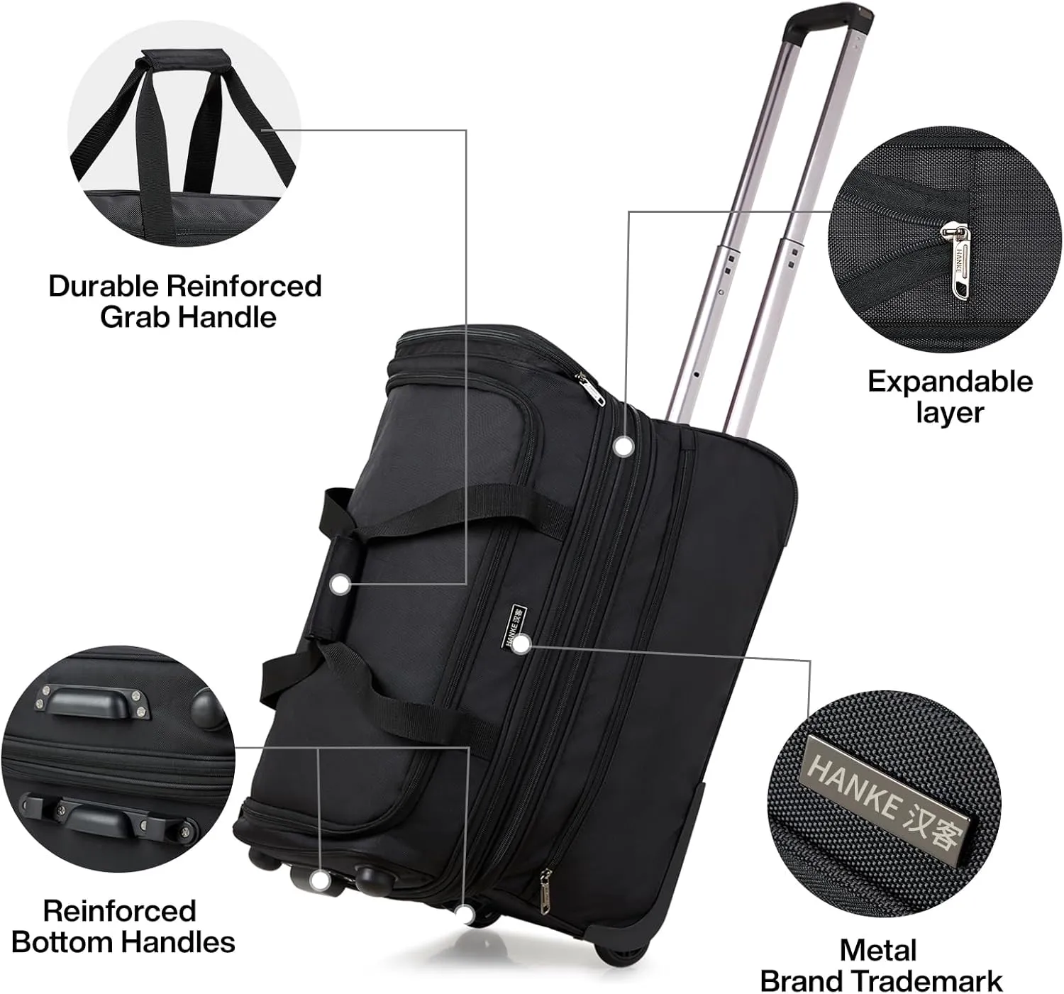 Hanke Large Expandable checked Luggage Suitcases with Wheels Foldable Duffle Bag for Travel suitcase for Women Men Garment BagBlack
