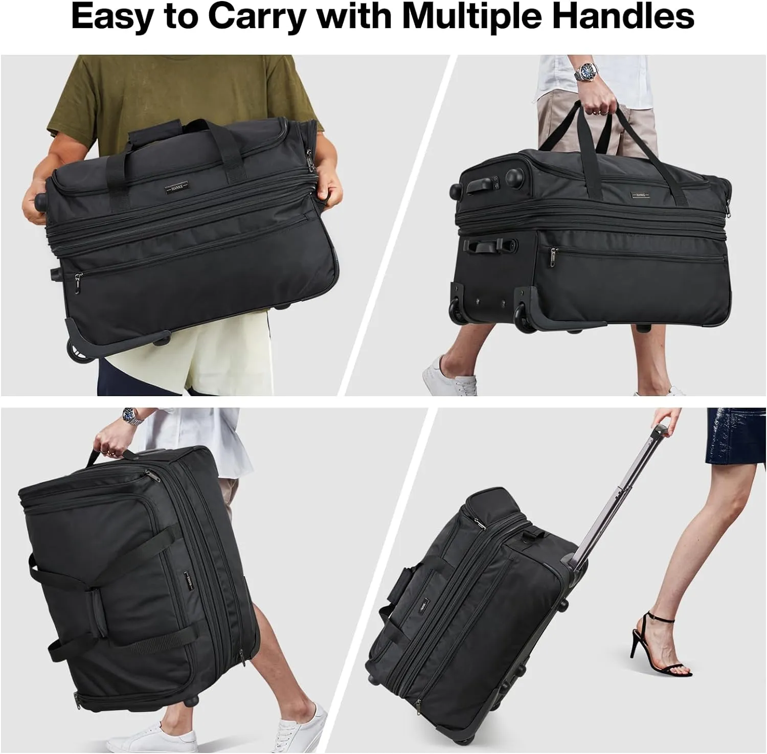 Hanke Large Expandable checked Luggage Suitcases with Wheels Foldable Duffle Bag for Travel suitcase for Women Men Garment BagBlack