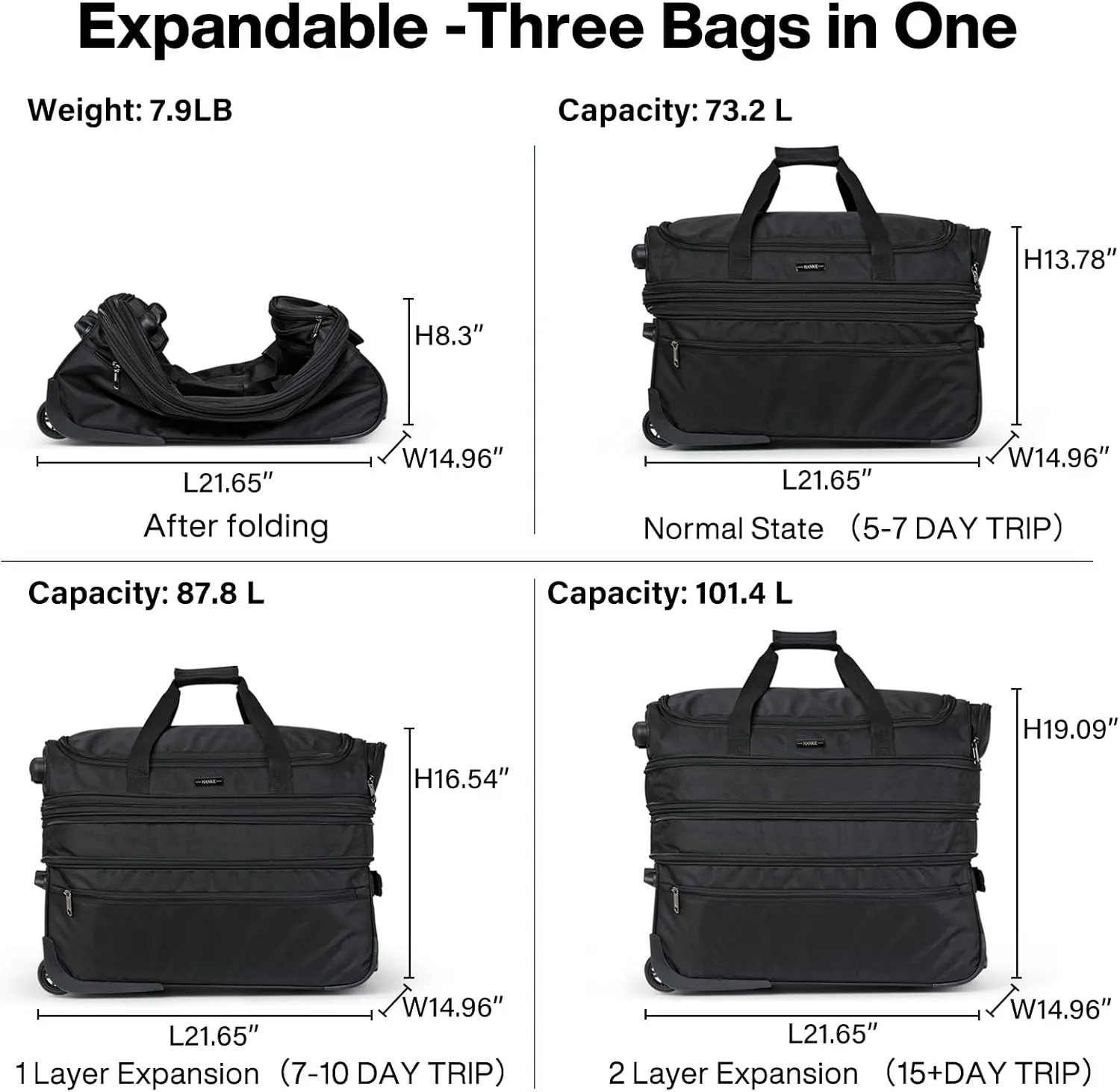 Hanke Large Expandable checked Luggage Suitcases with Wheels Foldable Duffle Bag for Travel suitcase for Women Men Garment BagBlack