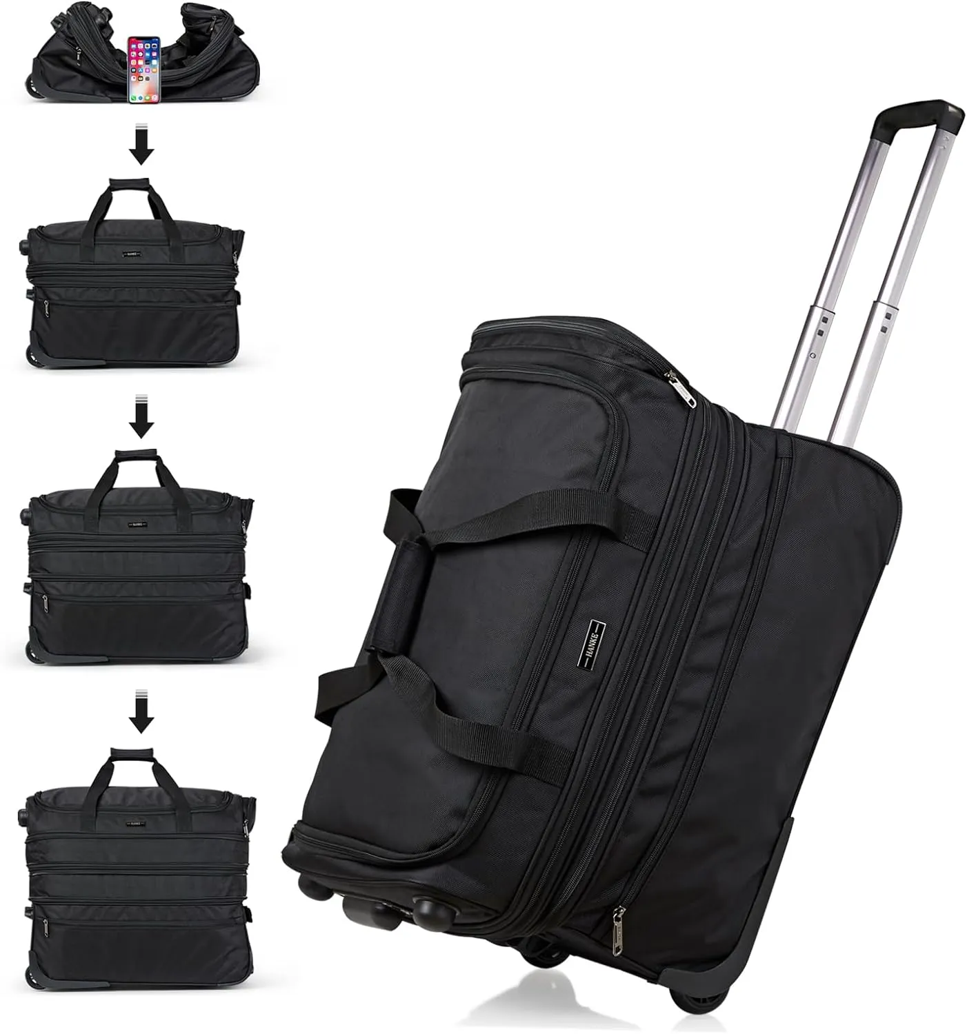 Hanke Large Expandable checked Luggage Suitcases with Wheels Foldable Duffle Bag for Travel suitcase for Women Men Garment BagBlack
