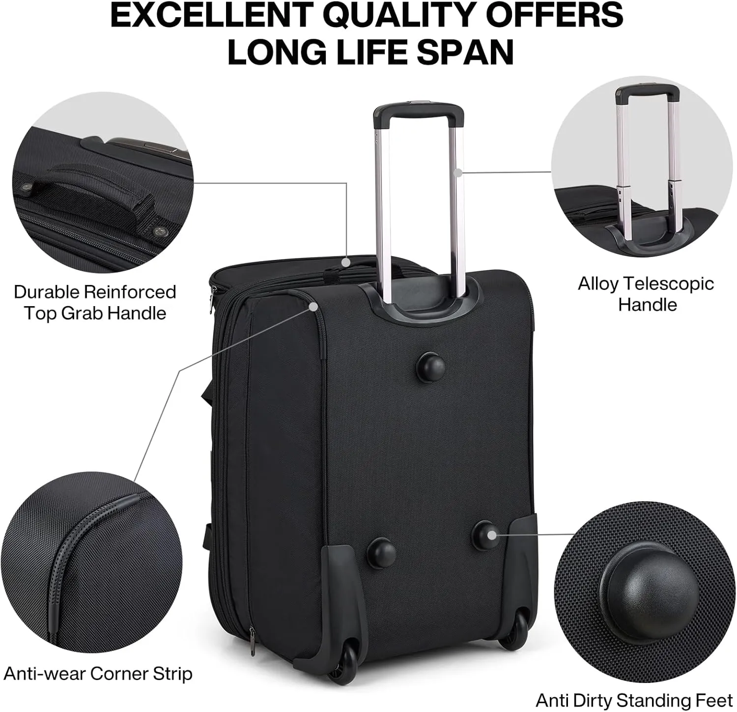 Hanke Large Expandable checked Luggage Suitcases with Wheels Foldable Duffle Bag for Travel suitcase for Women Men Garment BagBlack