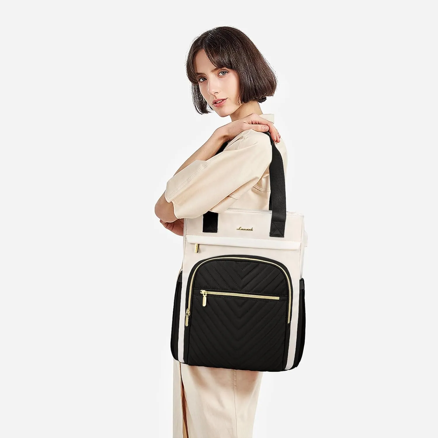 LOVEVOOK Laptop Backpack for Women, 15.6 Inch Work Business Laptop Bag, Wide Top Open Teacher Nurse Bag with USB Port, Waterproof Computer Backpack Purse for travel,Black-White
