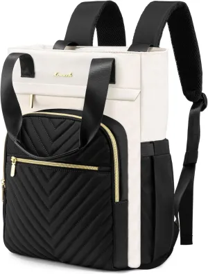 LOVEVOOK Laptop Backpack for Women, 15.6 Inch Work Business Laptop Bag, Wide Top Open Teacher Nurse Bag with USB Port, Waterproof Computer Backpack Purse for travel,Black-White