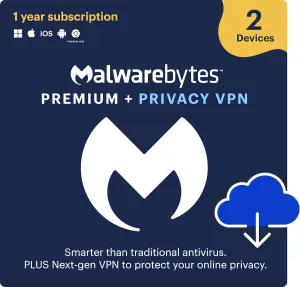 Malwarebytes Premium   Privacy VPN bundle | 1 Year, 2 Devices | Windows, Mac OS, Android, Apple iOS, Chrome [Online Code]