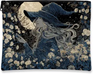 Moonlit Witch Makeup Bag, Midnight Blue Fantasy Cosmetic Travel Pouch for Women, Portable Small Canvas Zipper Clutch, Gift for Festivals and Seasonal Occasions 7x9 Inch